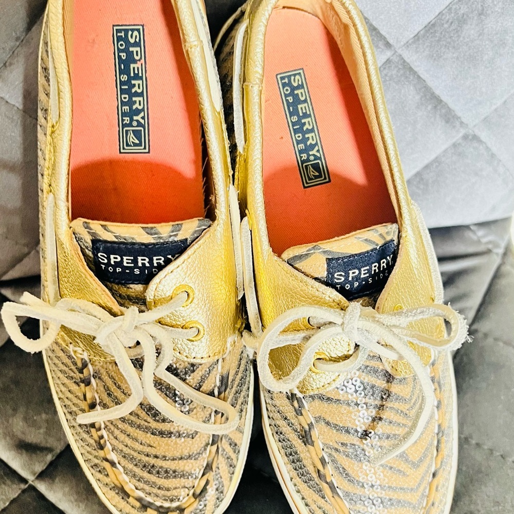 Sperry Gold and Tan Sequin Animal Print Boat Shoes 7.5